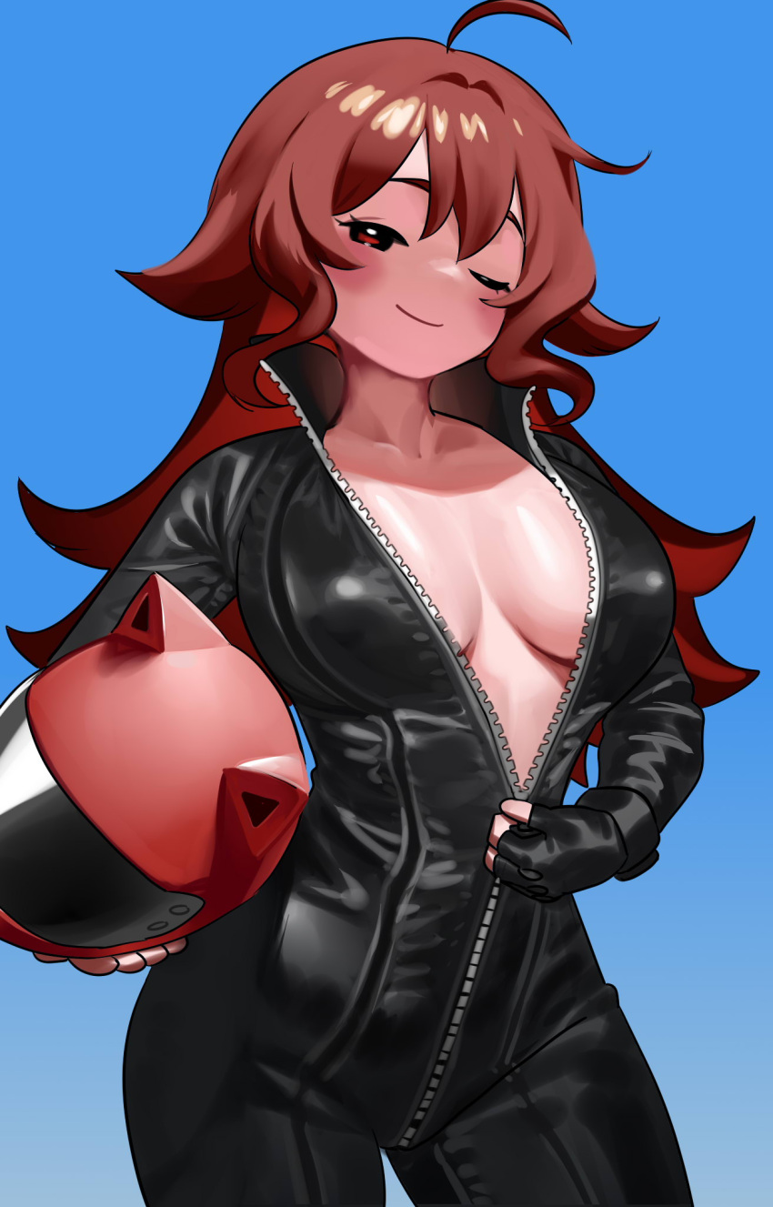 1girl, ahoge, bangs, biker_clothes, bikesuit, blue_background, blush, bodysuit