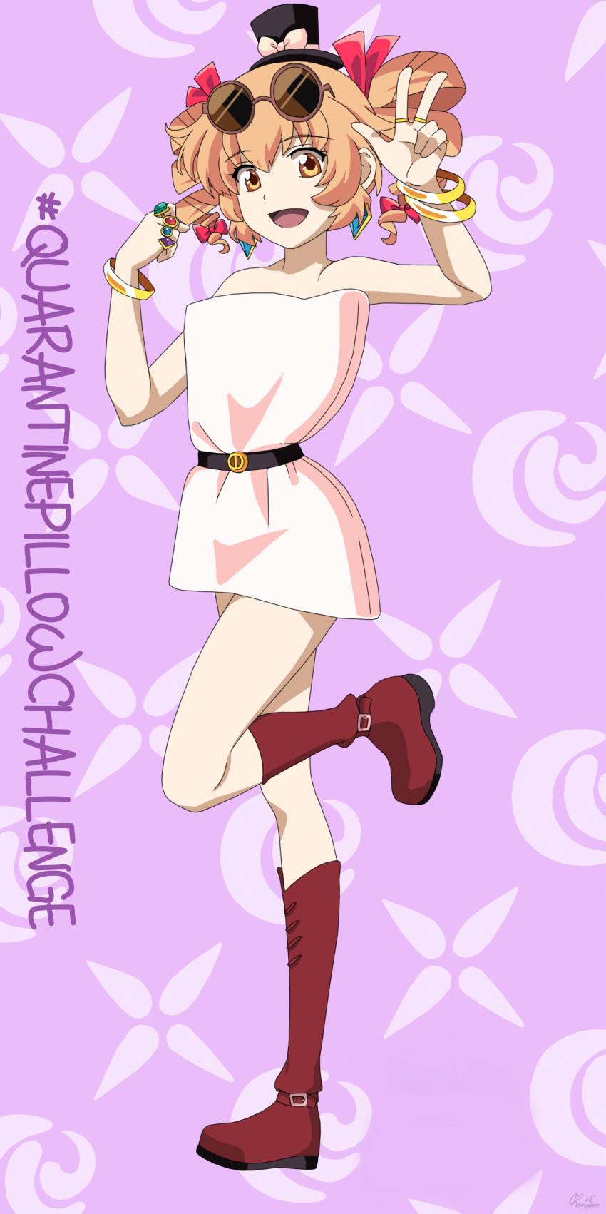 1girl, absurdres, arms_up, bangs, bare_shoulders, belt, black_belt, black_headwear