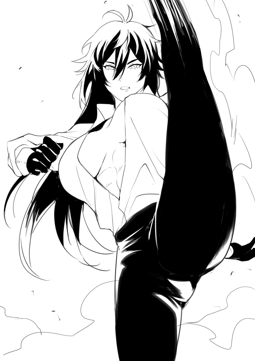 abs, absurdres, bangs, black_gloves, black_pants, breasts, collared_shirt, commentary