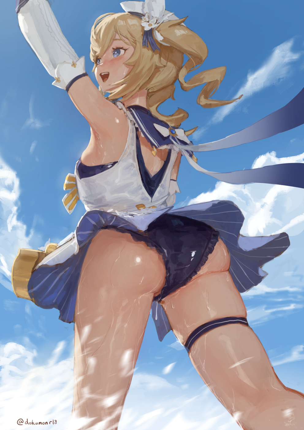 1girl, :d, arm_up, ass, bangs, barbara_(genshin_impact), barbara_(summertime_sparkle)_(genshin_impact), bare_shoulders