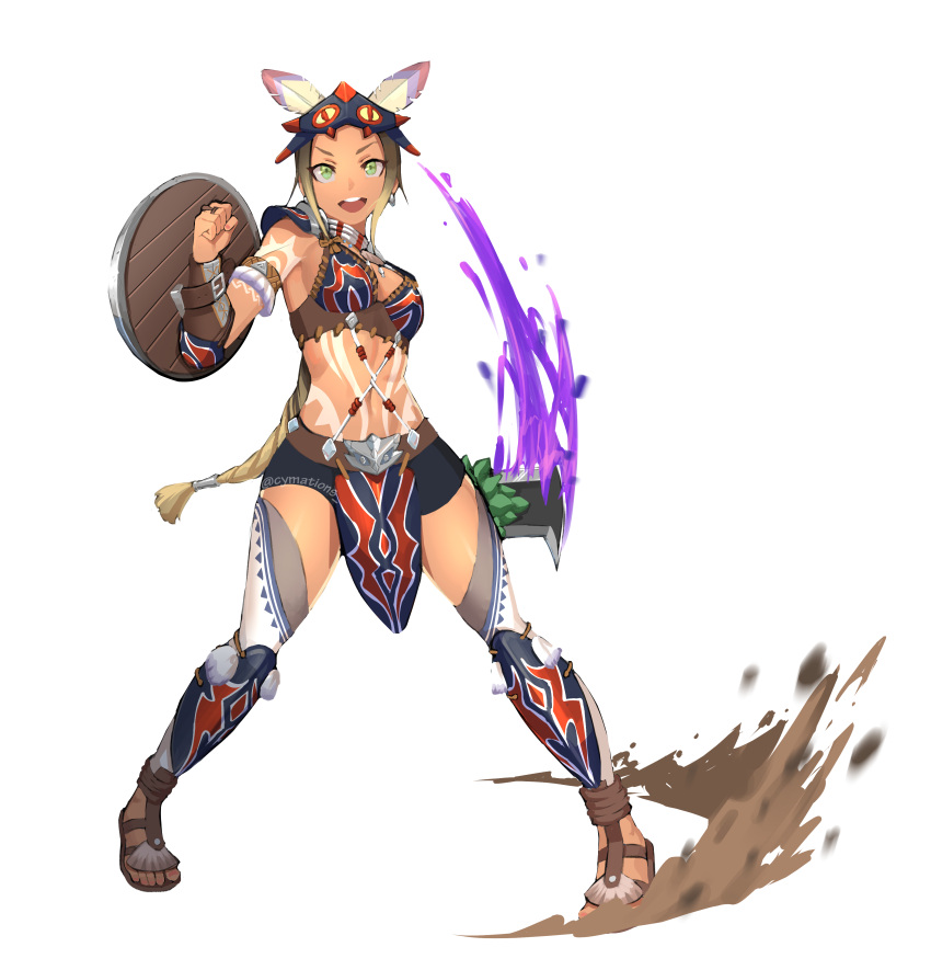 1girl, absurdres, arm_tattoo, armlet, armor, bike_shorts, bikini_armor, braid
