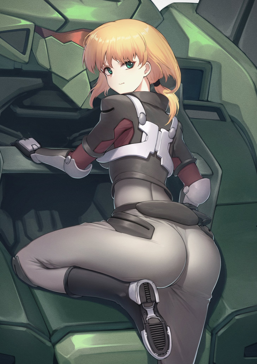 1girl, ass, blonde_hair, blue_gender, blush, bodysuit, boots, breasts, bullseye_(blue_gender), cropped_jacket, from_behind, green_eyes, grey_bodysuit, highres, itaco, long_hair, looking_at_viewer, looking_back, marlene_angel, mecha, medium_breasts, pilot_suit, ponytail, shiny, shiny_hair, solo