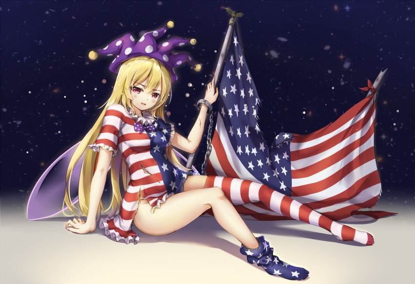 1girl, american_flag, american_flag_dress, american_flag_legwear, bangs, blonde_hair, bow, breasts