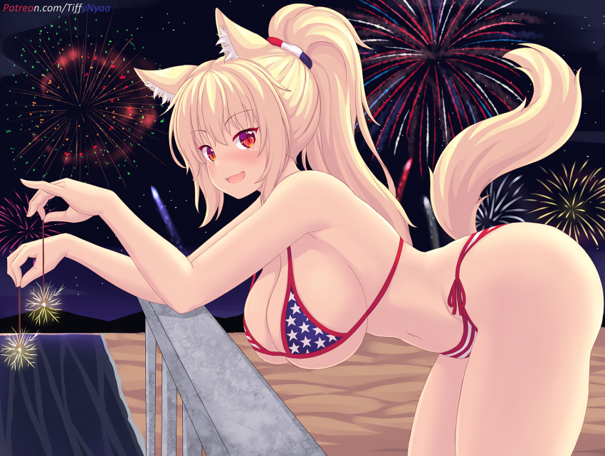 1girl, american_flag_bikini, animal_ears, ass, bikini, blonde_hair, breasts, fang
