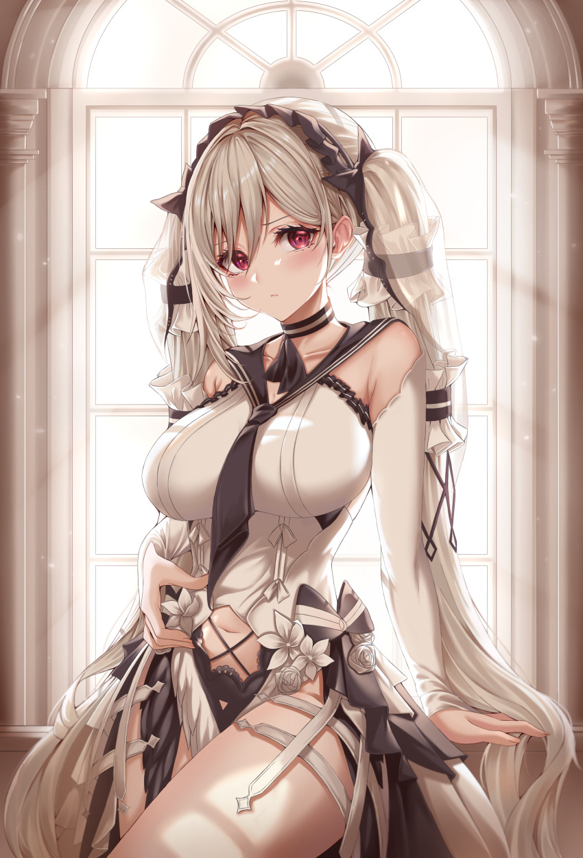 1girl, absurdres, arm_rest, azur_lane, bangs, bare_shoulders, between_breasts, bratja