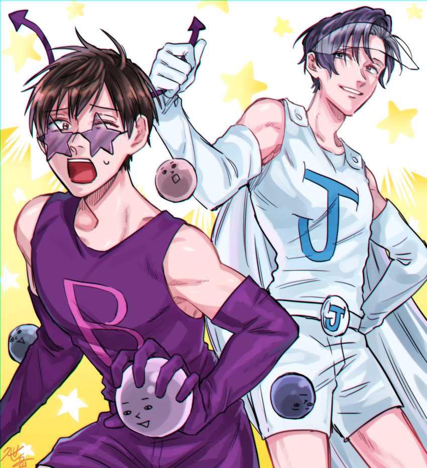 2boys, :o, ball, black_hair, brown_eyes, cape, daga_iketeru, elbow_gloves