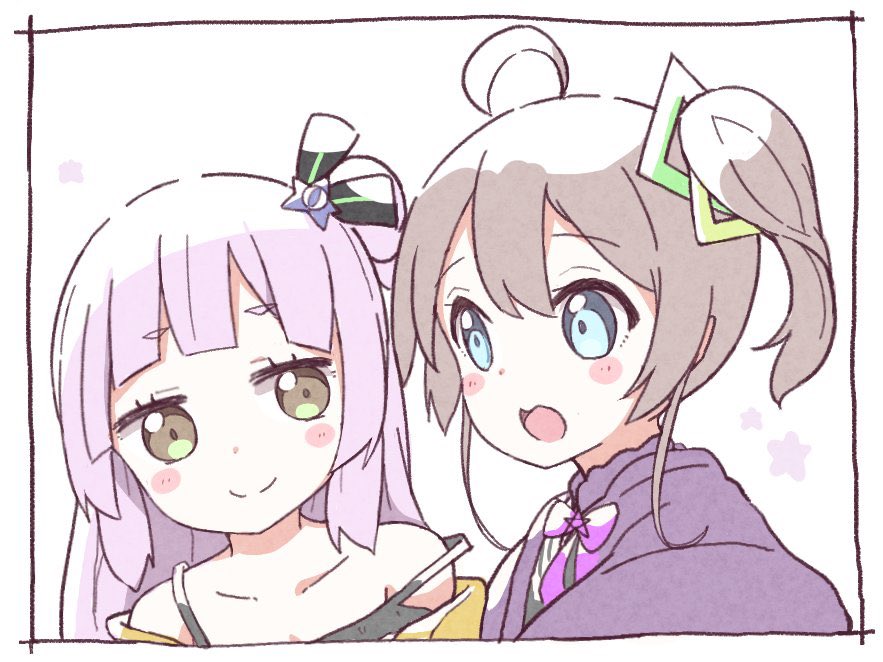 2girls, ahoge, bangs, black_border, blue_eyes, blush_stickers, border, bow