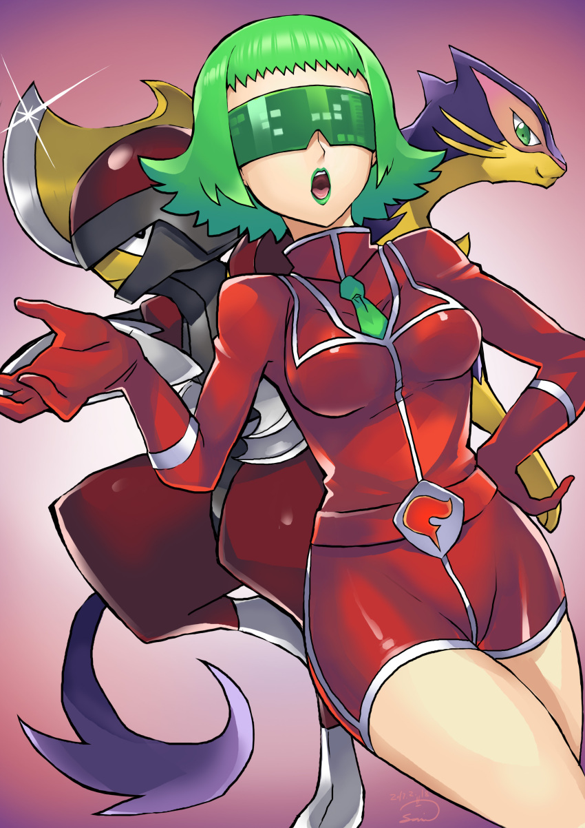 1girl, absurdres, belt, bisharp, breasts, bryony_(pokemon), commentary_request, gen_5_pokemon, glint, gloves, green_hair, green_lips, green_neckwear, hand_on_hip, hand_up, highres, jacket, liepard, lipstick, makeup, necktie, open_mouth, pokemon, pokemon_(creature), pokemon_(game), pokemon_xy, red_jacket, red_shorts, samidare_satsuki, shiny, shiny_clothes, short_hair, shorts, team_flare, tongue, upper_teeth, visor