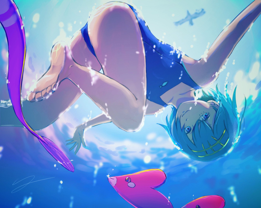 1girl, air_bubble, bangs, bare_arms, barefoot, blue_eyes, blue_hair, blue_swimsuit, bubble, closed_mouth, collarbone, commentary_request, gen_3_pokemon, gorebyss, hairband, highres, lana_(pokemon), luvdisc, ocean, one-piece_swimsuit, outstretched_arms, pokemon, pokemon_(creature), pokemon_(game), pokemon_sm, short_hair, signature, soles, swimming, swimsuit, toes, trial_captain, underwater, water_surface, y_(pixiv1616946), yellow_hairband