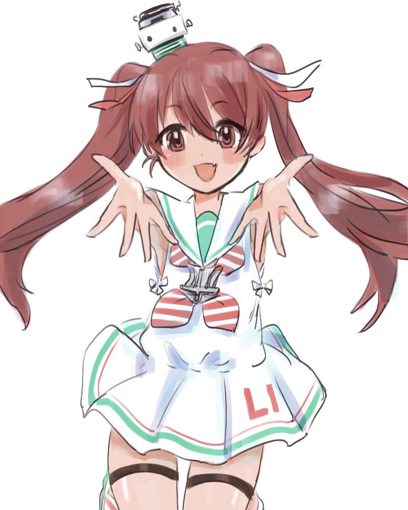 1girl, bangs, blush, brown_eyes, brown_hair, dress, eyebrows_visible_through_hair, fang, hair_between_eyes, hair_ribbon, hat, kantai_collection, libeccio_(kancolle), long_hair, nikai_kara_momoshio, one-hour_drawing_challenge, open_mouth, outstretched_arms, ribbon, sailor_collar, sailor_dress, simple_background, skin_fang, sleeveless, sleeveless_dress, solo, striped, striped_neckwear, twintails, white_background, white_sailor_collar