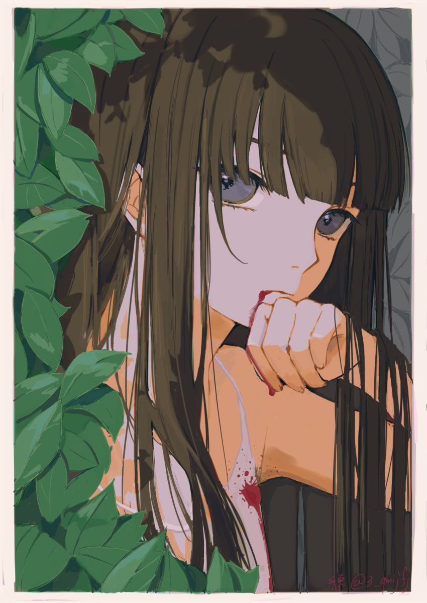 1girl, artist_name, bangs, beige_border, blood, blood_from_mouth, bloody_clothes, blunt_bangs