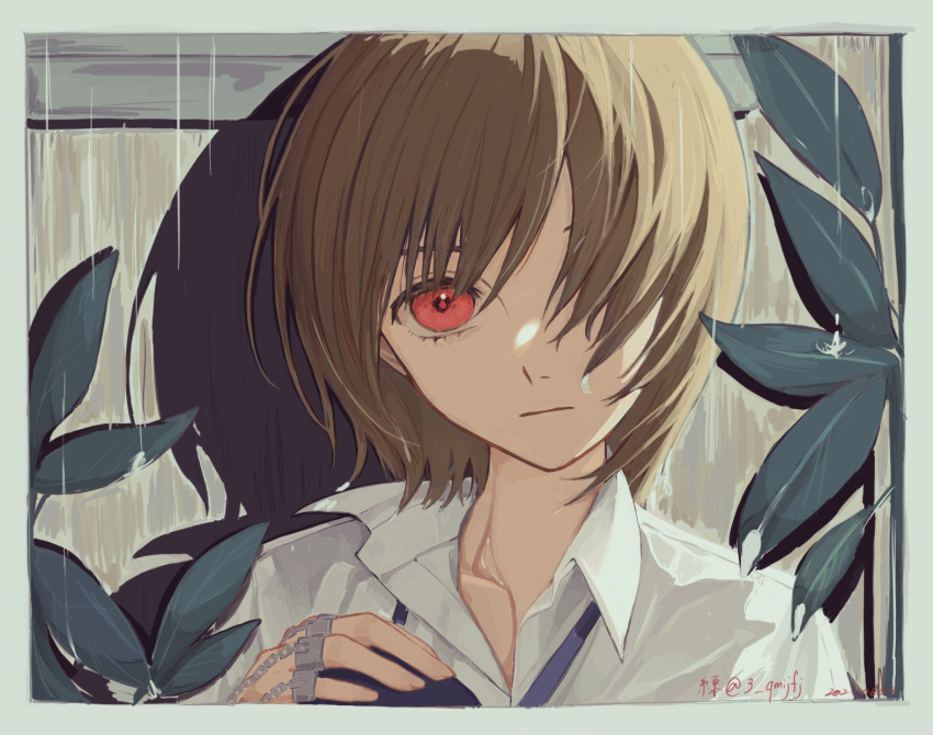 1boy, :|, artist_name, border, chain, closed_mouth, collarbone, collared_shirt, commentary, dated, english_commentary, expressionless, green_border, hair_over_one_eye, hand_up, highres, hunter_x_hunter, jewelry, kurapika, leaf, looking_at_viewer, male_focus, multiple_rings, neri_(3_qmijfj), one_eye_covered, open_collar, plant, rain, red_eyes, ring, shirt, solo, twitter_username, upper_body, white_shirt