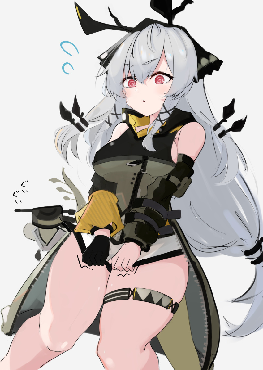 1girl, @_@, arknights, asususususu, bare_shoulders, black_gloves, black_hairband, brown_dress