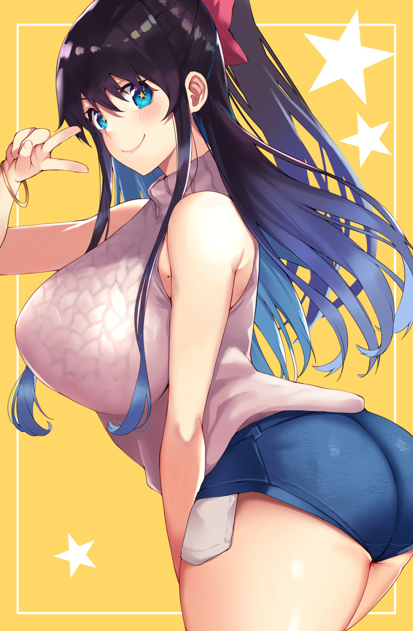 1girl, absurdres, arm_between_legs, ass, ass_visible_through_thighs, bangs, bare_shoulders, blue_eyes