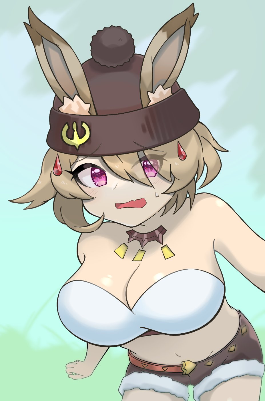 1girl, alternate_costume, althemia, animal_ears, bangs, blonde_hair, breasts, dragalia_lost, eyebrows_visible_through_hair, highres, large_breasts, looking_at_viewer, open_mouth, rabbit_ears, red_eyes, short_hair, shorts, tekutekudays