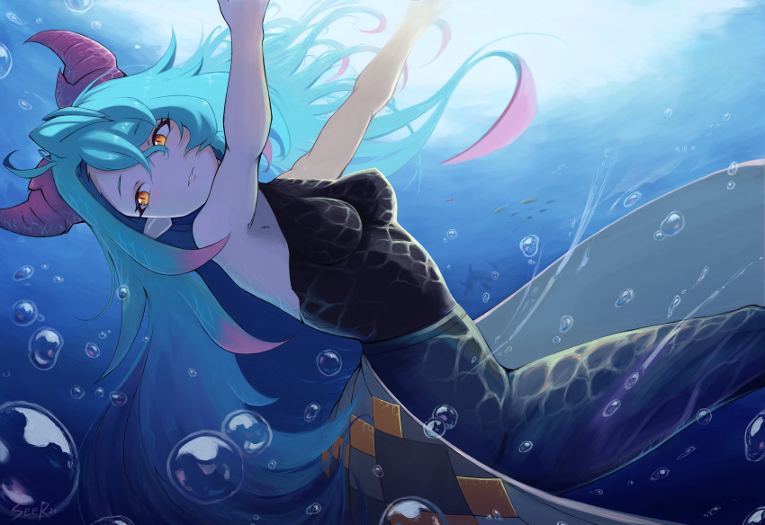 1girl, absurdres, bangs, blue_hair, breasts, bubble, dragalia_lost, dragon_horns