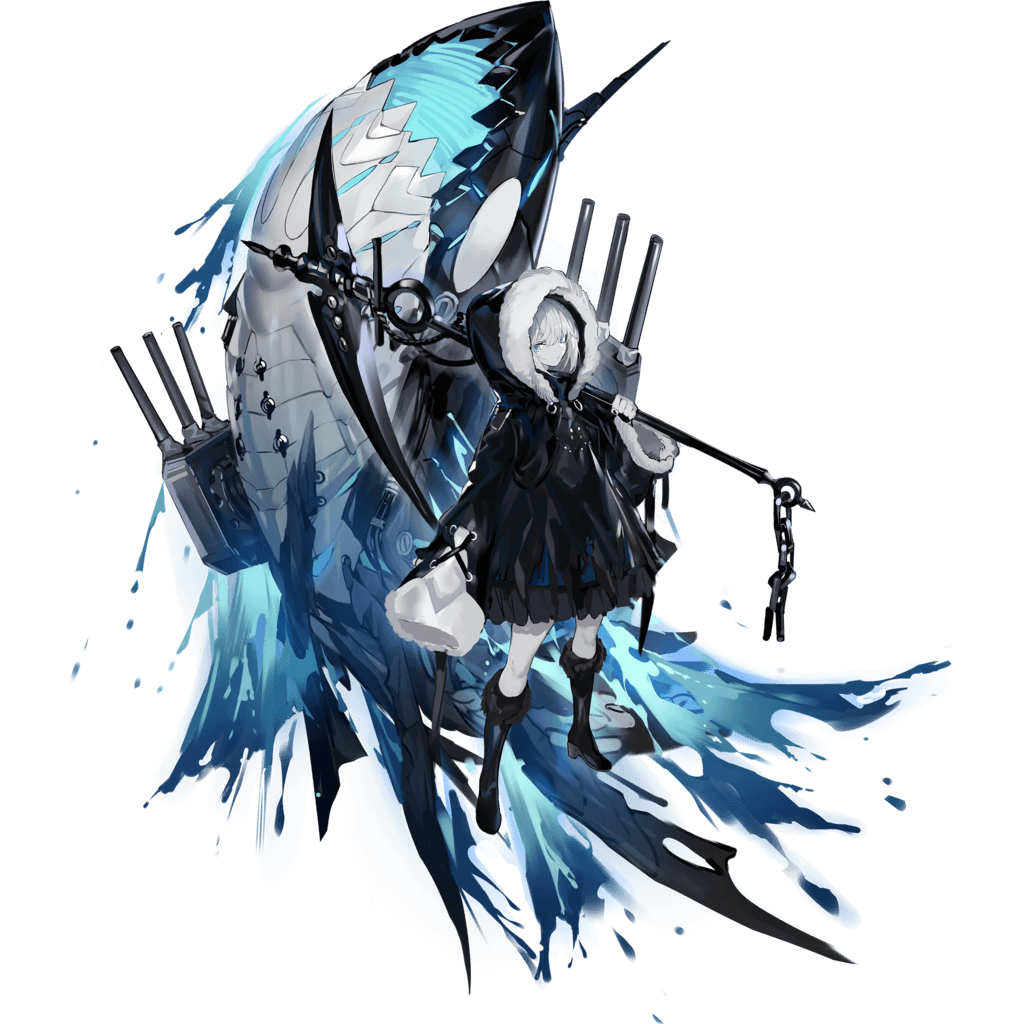 1girl, bangs, black_coat, black_footwear, black_surge_night, blue_eyes, boots, chain, coat, fur-trimmed_coat, fur-trimmed_footwear, fur_trim, holding, holding_weapon, hood, hood_up, knee_boots, long_sleeves, official_art, orca, pale_skin, ran_(bukeranwu), scythe, seydlitz_(black_surge_night), short_hair, silver_hair, sleeves_past_wrists, transparent_background, weapon