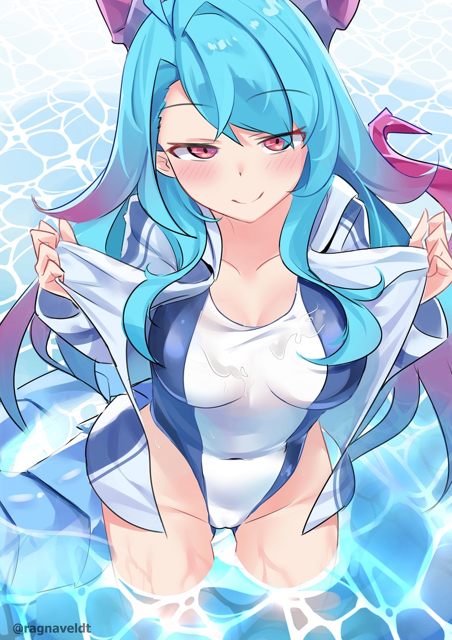 1girl, alternate_costume, bangs, blue_hair, breasts, dragalia_lost, dragon_horns, highres