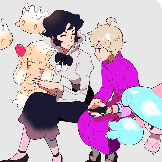 1boy, 1girl, ahoge, alcremie, alcremie_(strawberry_sweet), bangs, bede_(pokemon), black_hair