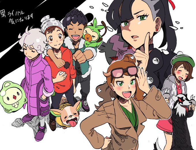 >_<, 3boys, 3girls, :d, ahoge, asymmetrical_bangs, bangs, beanie