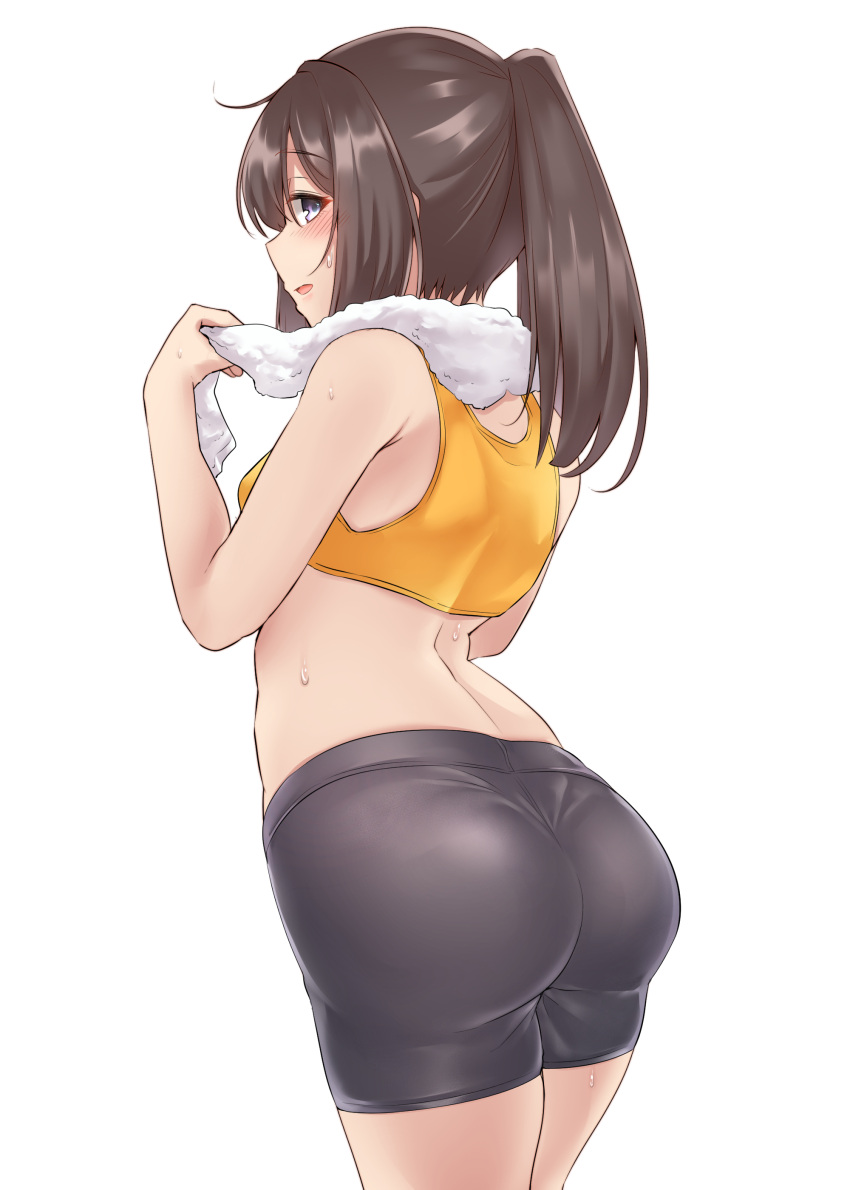 1girl, absurdres, akizuki_(kancolle), alternate_costume, ass, bangs, bike_shorts, black_hair