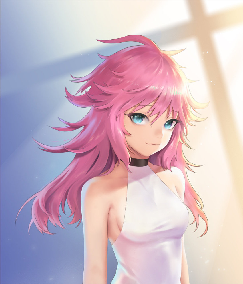 1girl, :3, bangs, bare_shoulders, blue_eyes, breasts, dress, hair_between_eyes