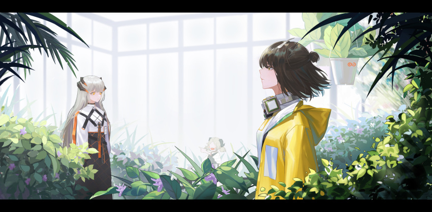 3girls, absurdres, arknights, belt, black_horns, black_skirt, blonde_hair, blush_stickers