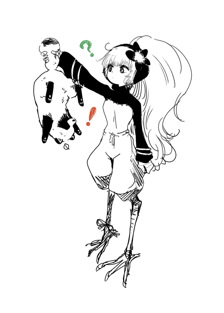 !, ?, borrowed_character, dot_mouth, harpy, highres, long_hair, long_sleeves