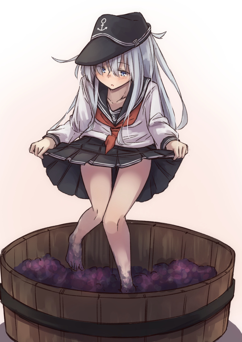 1girl, anchor_symbol, bare_legs, barefoot, black_headwear, black_sailor_collar, black_skirt, blue_eyes