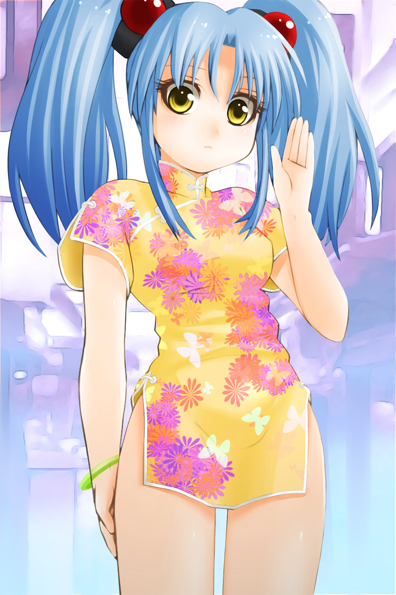 bracelet, china_dress, chinese_clothes, ebi_tendon, floral_print, hair_bobbles, hair_ornament, highres