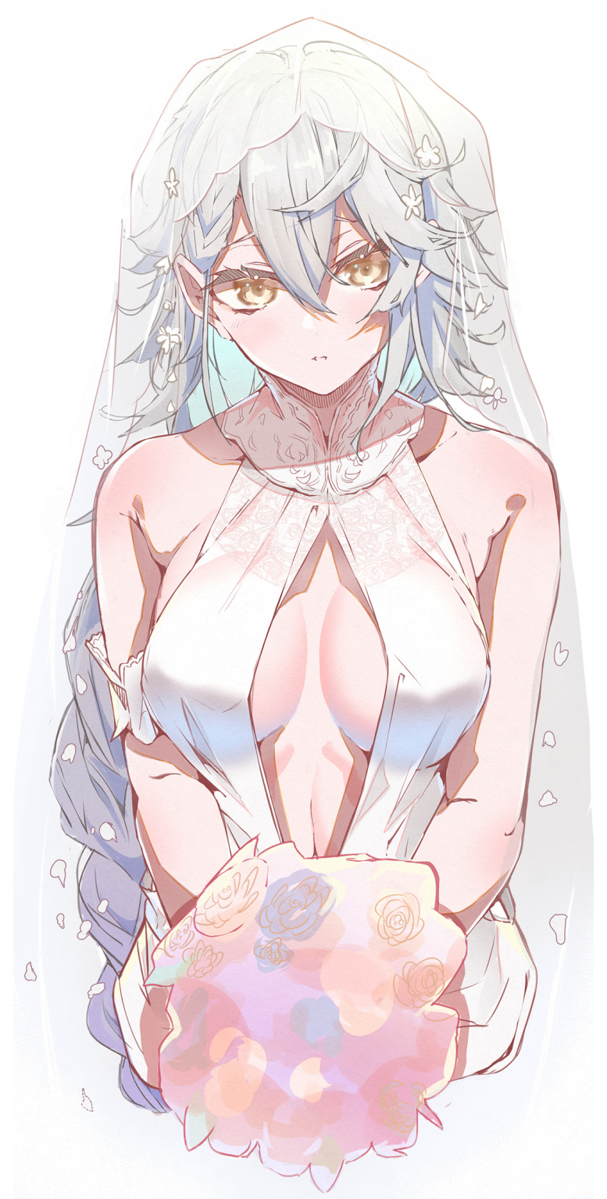 1girl, bare_shoulders, bouquet, braid, braided_ponytail, breasts, bridal_veil, closed_mouth