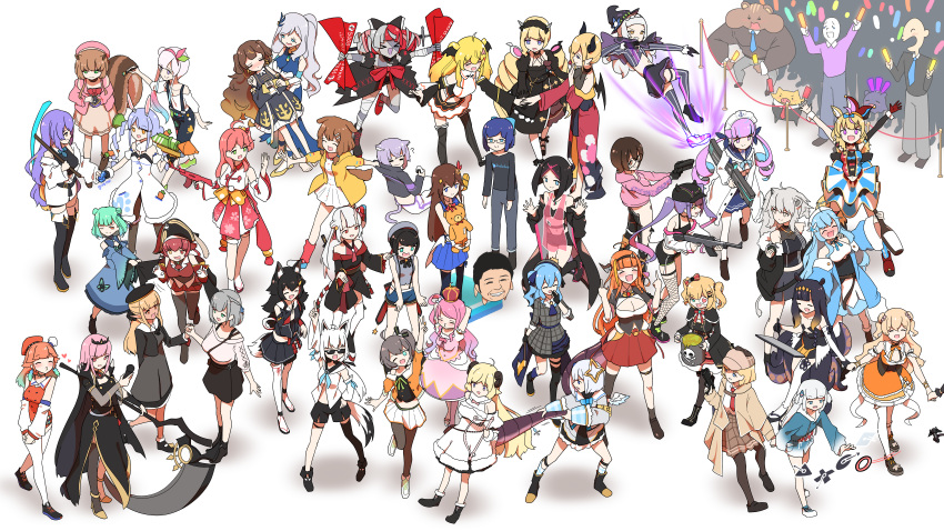 2others, 3boys, 6+girls, a-chan_(hololive), absurdres, airani_iofifteen, akai_haato, aki_rosenthal, alcohol, alternate_costume, alternate_hairstyle, amane_kanata, angry, animal_ears, ankimo_(tokino_sora), anya_melfissa, asacoco, assault_rifle, axe, ayunda_risu, azki_(hololive), black_hair, bottle, bow, breasts, cat_girl, cat_tail, coin_purse, dark-skinned_female, dark_skin, demon_girl, dog_ears, dog_girl, dragging, dragon, drawing_tablet, drunk, elf, everyone, explosive, flying_kick, gawr_gura, glowstick, golden_axe_(weapon), grenade, grin, gun, haaton_(akai_haato), handgun, happy, highres, himemori_luna, holding, holding_hands, holding_weapon, hololive, hololive_english, hololive_indonesia, hood, hooded_vest, hoodie, horns, hoshimachi_suisei, houshou_marine, inugami_korone, kicking, kiryu_coco, kureiji_ollie, lapis_lazuli_(gemstone), listener_(inugami_korone), long_hair, mano_aloe, matsurisu, minato_aqua, minecraft, momosuzu_nene, monster_girl, moona_hoshinova, mori_calliope, multiple_boys, multiple_girls, multiple_others, murasaki_shion, nakiri_ayame, natsuiro_matsuri, nekomata_okayu, ninomae_ina'nis, omaru_polka, oni, ookami_mio, oozora_subaru, paintbrush, pavolia_reine, pistol, pointy_ears, poison, pompmaker1, project_diva_(series), pursed_lips, rabbit_girl, rifle, roboco-san, rocket_launcher, ryoushi_chicken_soup_grass_big_chungus, sake, sake_bottle, sakura_miko, school_uniform, scythe, serafuku, shark_girl, shirakami_fubuki, shiranui_flare, shirogane_noel, shirt, shishiro_botan, short_hair, short_sleeves, shorts, smile, squirrel_girl, sword, tail, takanashi_kiara, tako_(ninomae_ina'nis), teeth, tokino_sora, tokoyami_towa, tsunomaki_watame, uruha_rushia, usada_pekora, vampire, vest, virtual_youtuber, wallpaper, watson_amelia, weapon, wings, wolf_girl, yagoo, yozora_mel, yukihana_lamy, yuri, yuzuki_choco, zombie