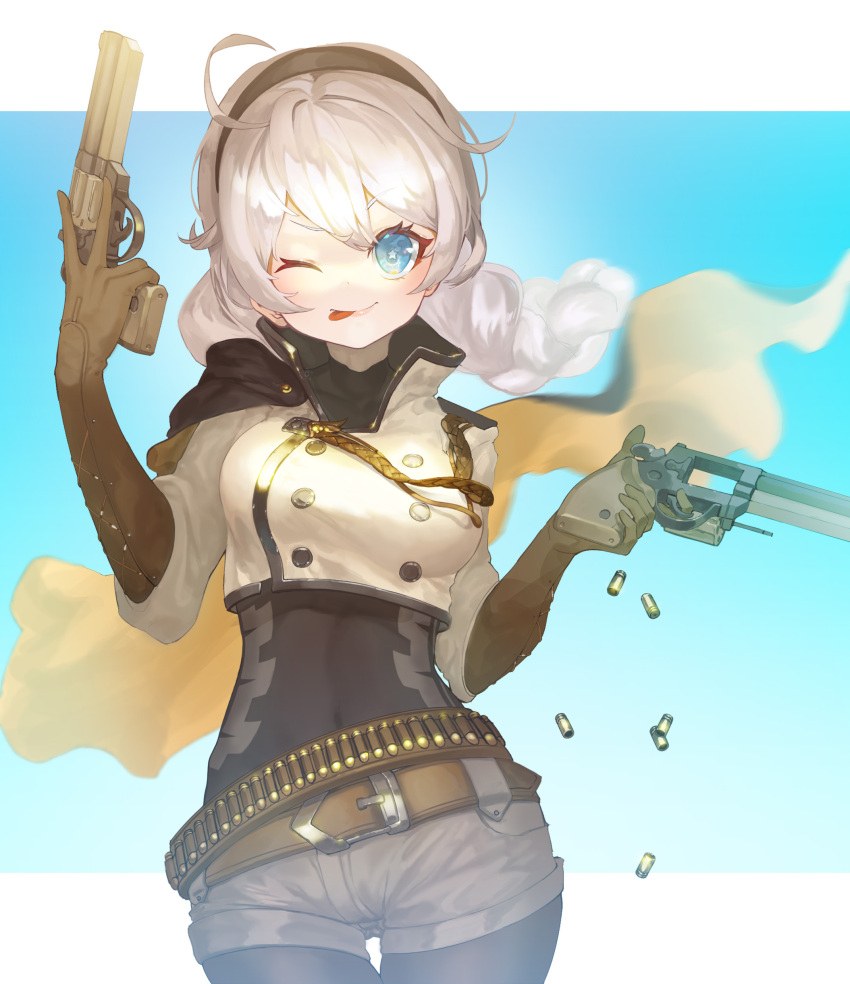 1girl, :p, absurdres, antenna_hair, blue_eyes, braid, brown_gloves, cape
