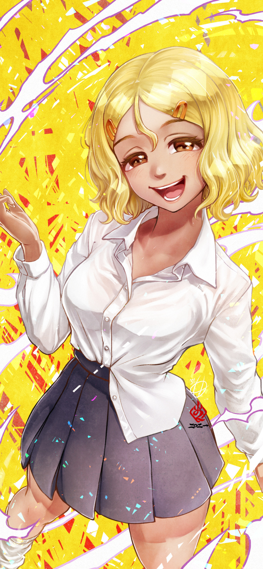 1girl, absurdres, amaguchi_chiyoko, bangs, blonde_hair, blue_skirt, brown_eyes, commentary, curly_hair, gyaru, hair_ornament, highres, ijiranaide_nagatoro-san, loose_socks, open_mouth, pleated_skirt, sakura_(nagatoro), school_uniform, shirt, signature, skirt, smile, tan, white_shirt, yellow_background