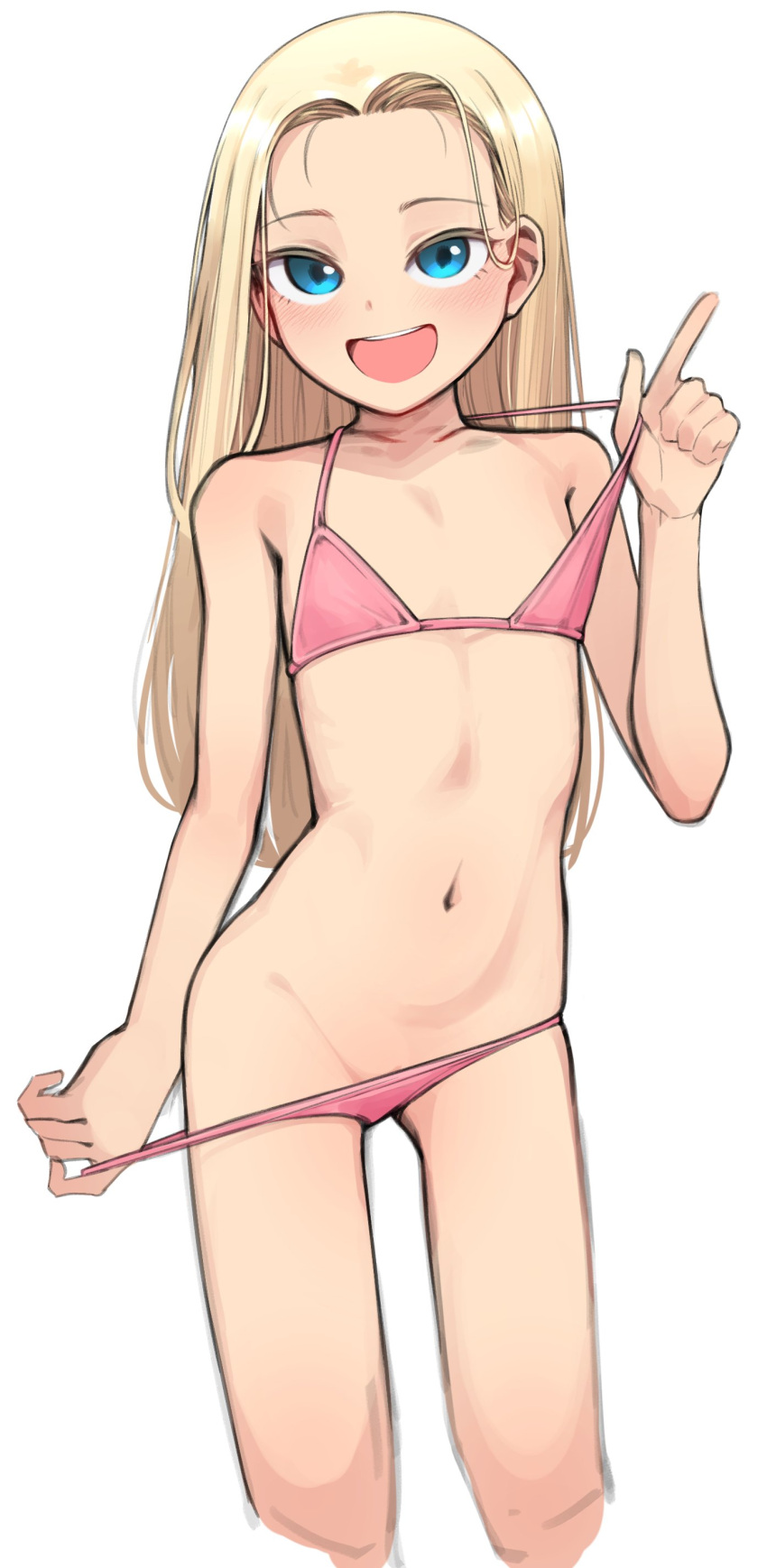 1girl, absurdres, bare_shoulders, bikini, bikini_pull, blonde_hair, blue_eyes, blush, borrowed_character, clothes_pull, commentary, cropped_legs, flat_chest, highres, index_finger_raised, long_hair, looking_at_viewer, navel, open_mouth, original, pink_bikini, pulled_by_self, sasha_(haguhagu), simple_background, smile, solo, swimsuit, white_background, yeun