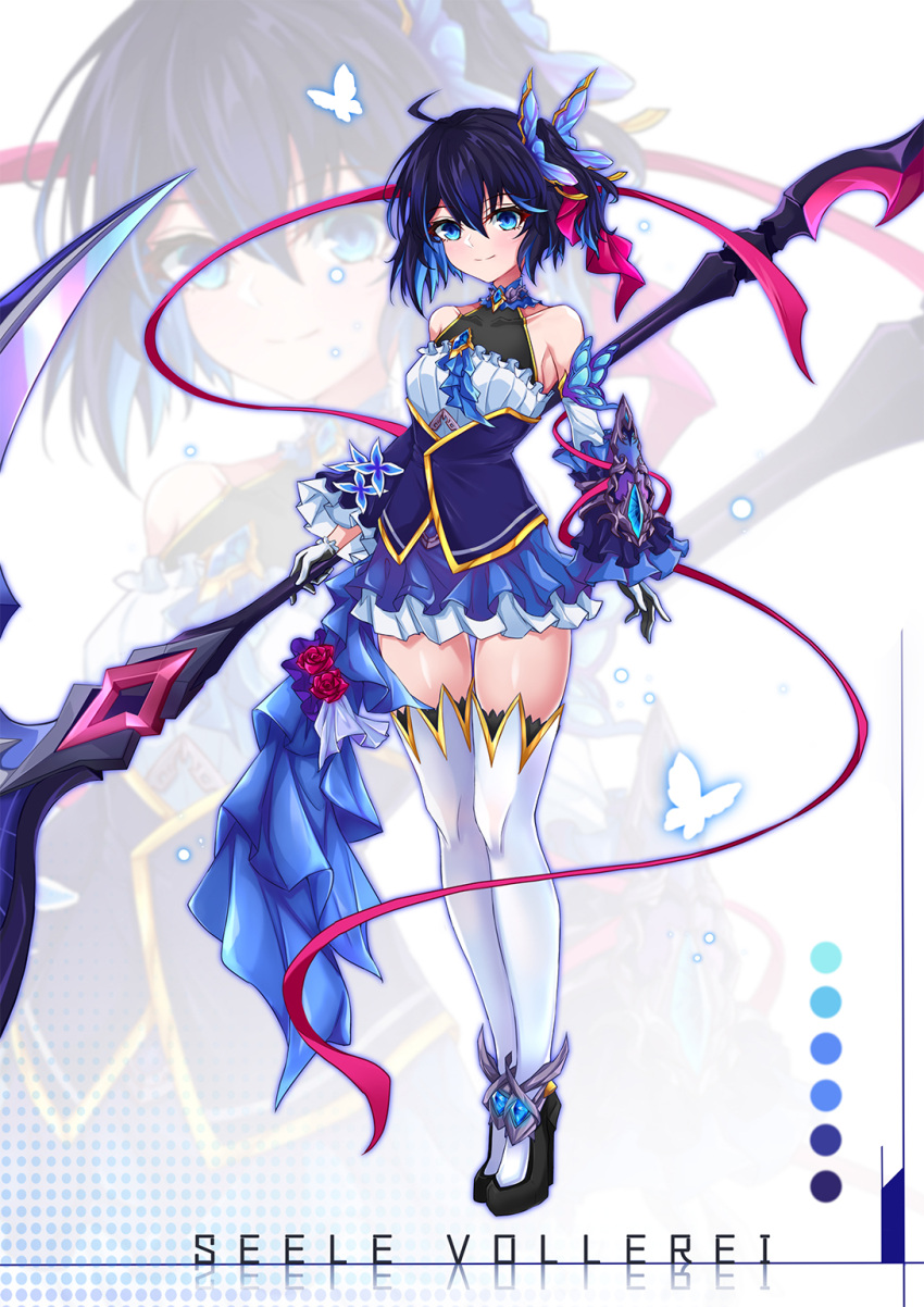 1girl, antenna_hair, bangs, bare_shoulders, blue_butterfly, blue_eyes, blue_hair, bug