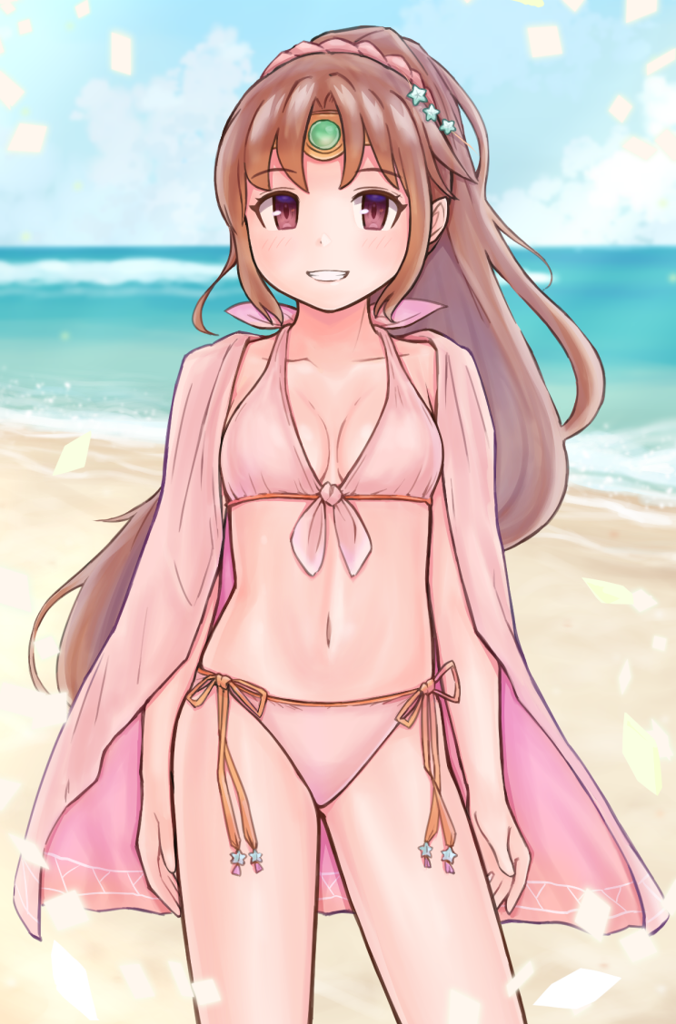 1girl, beach, blush, brown_eyes, brown_hair, circlet, collarbone, fire_emblem