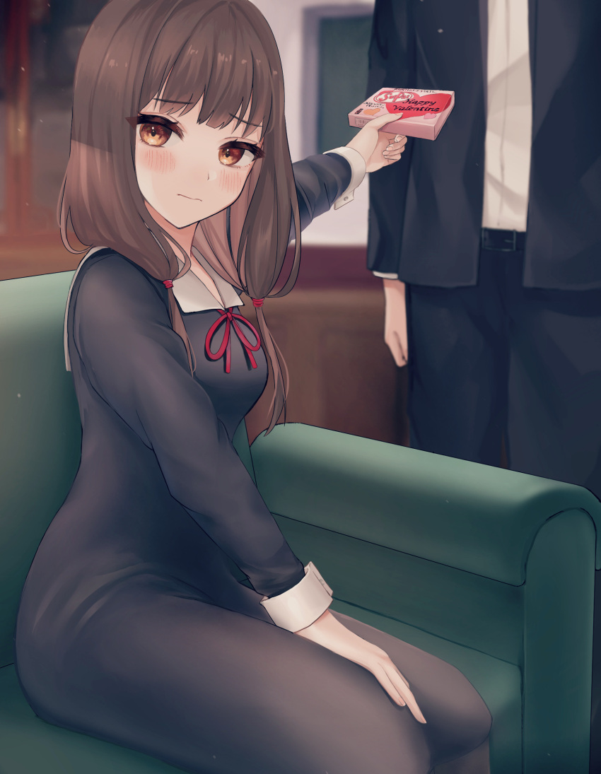 1boy, 1girl, bangs, black_dress, blurry, blurry_background, blush, breasts
