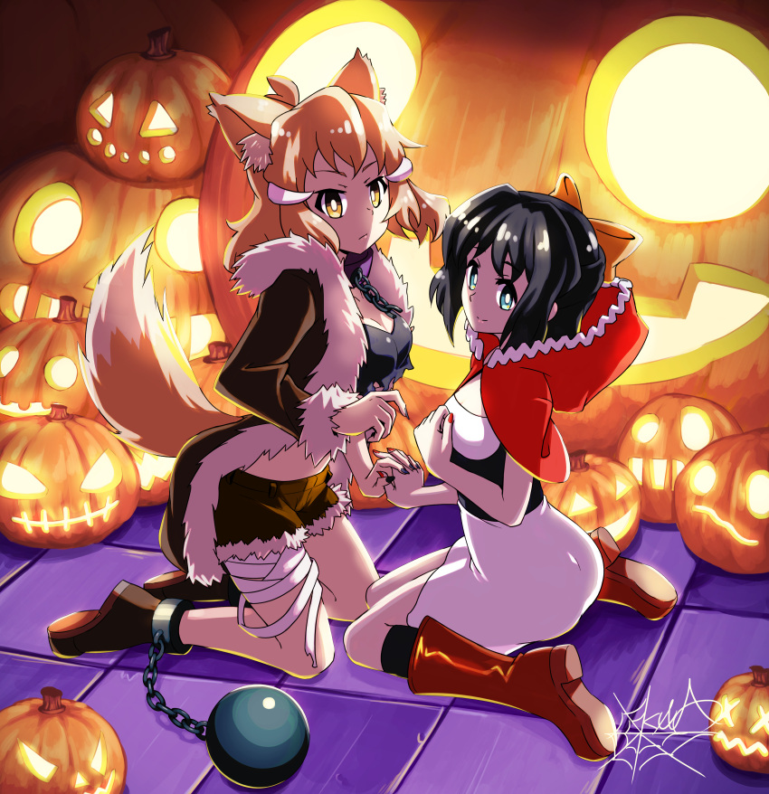 2girls, absurdres, alternate_costume, animal_ears, ball_and_chain_restraint, black_hair, blonde_hair, chain