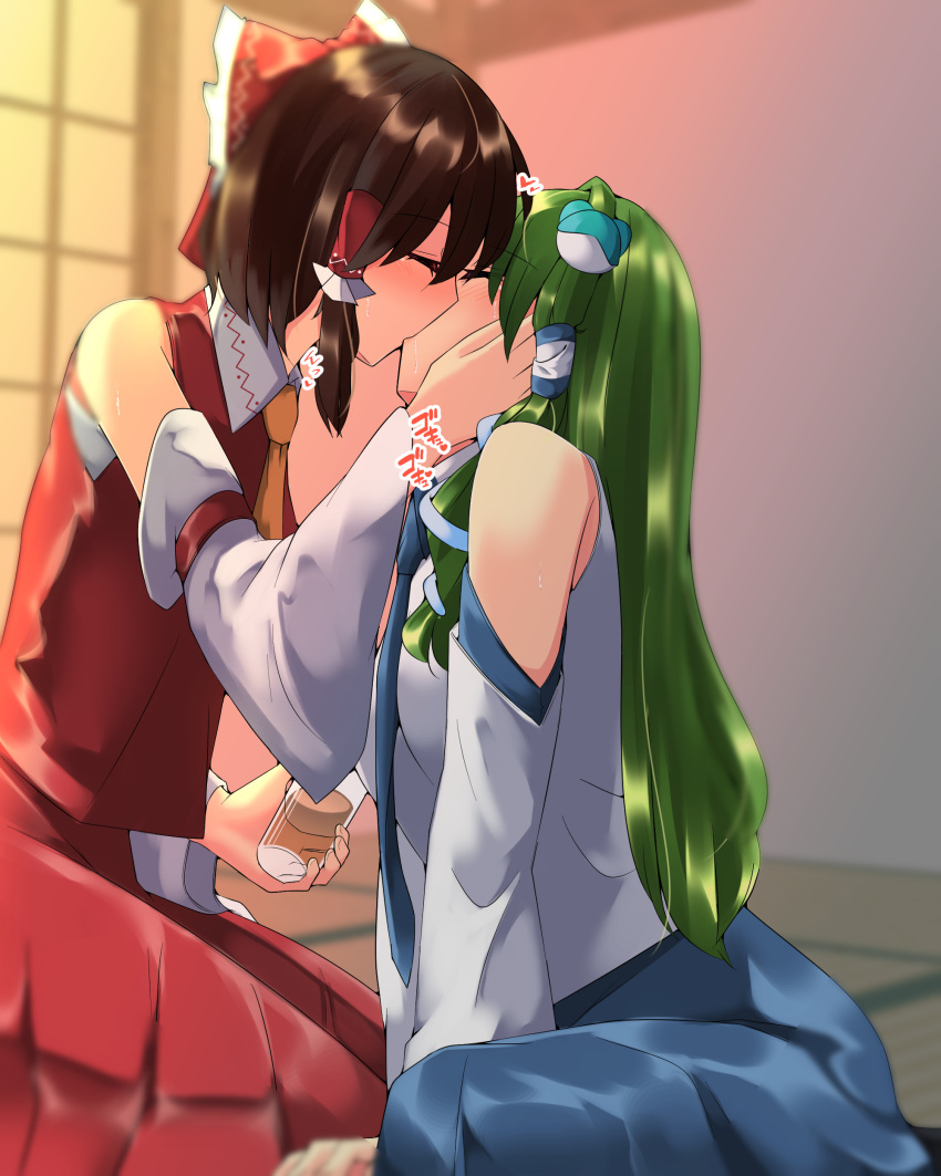 2girls, absurdres, alcohol, bangs, bare_shoulders, beer, blue_skirt, blush