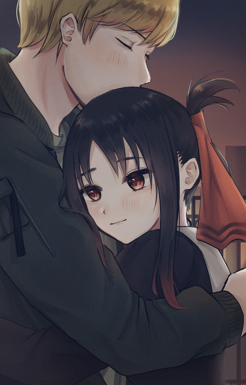 1boy, 1girl, bangs, black_dress, black_hair, blonde_hair, blurry, blurry_background, blush, closed_eyes, dress, eyebrows_visible_through_hair, from_side, green_jacket, hair_ornament, hair_ribbon, highres, hug, jacket, kaguya-sama_wa_kokurasetai_~tensai-tachi_no_renai_zunousen~, long_hair, long_sleeves, looking_at_viewer, ponzu_(udon), red_eyes, ribbon, shinomiya_kaguya, shiny, shiny_hair, shirogane_miyuki, short_hair, upper_body