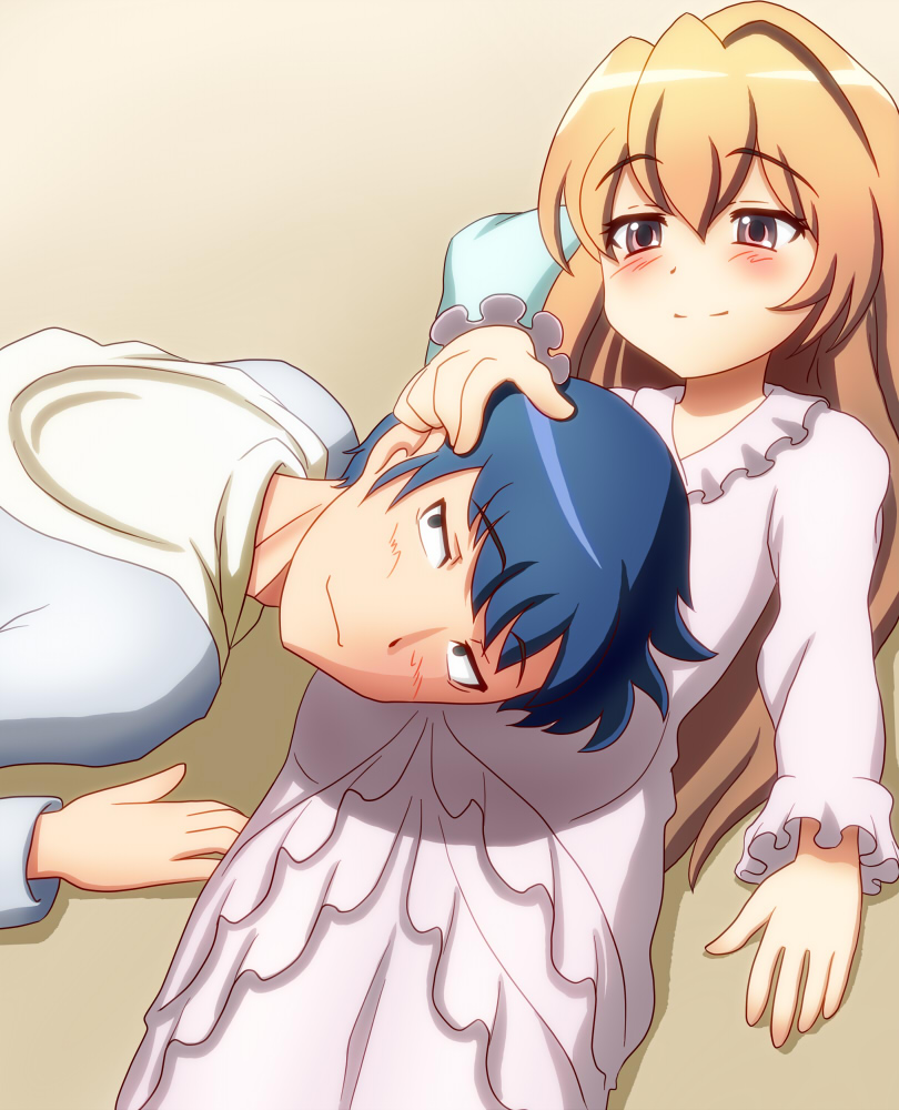 1girl, aisaka_taiga, blue_hair, brown_eyes, brown_hair, chunpai, couple, hoodie, long_hair, lying, nightgown, pregnant, takasu_ryuuji, toradora!