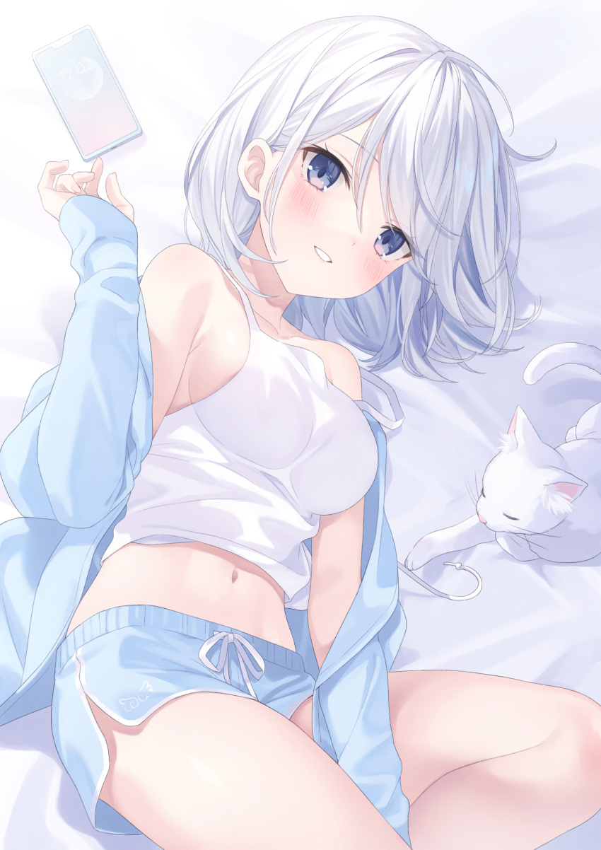 1girl, animal, armpit_crease, bare_shoulders, between_legs, blue_eyes, blue_jacket, blue_shorts