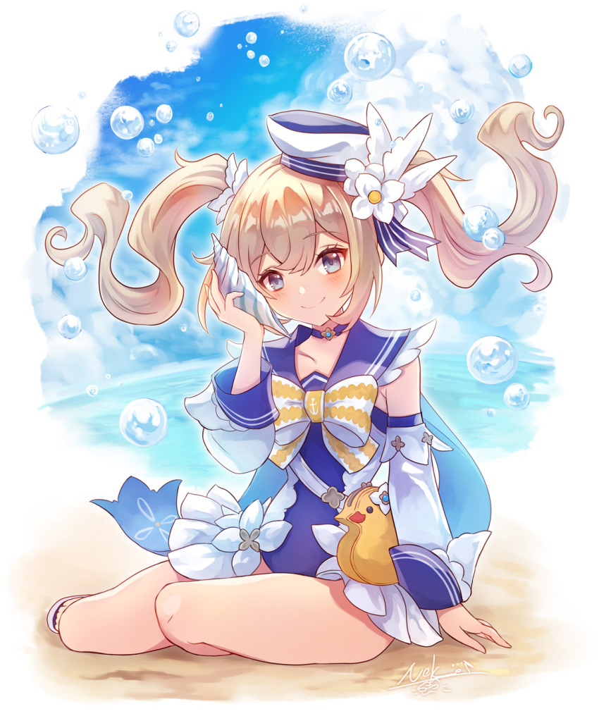 1girl, barbara_(genshin_impact), bare_legs, beach, blonde_hair, blue_choker, blue_eyes, blue_sky
