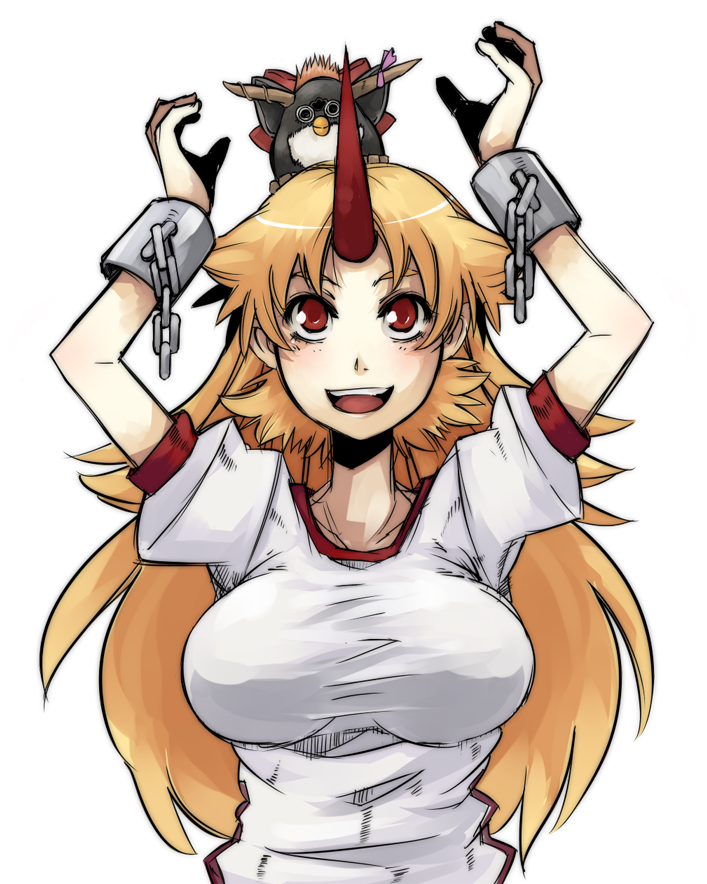 bad_id, blonde_hair, cuffs, furby, horn, horns, hoshiguma_yuugi, ibuki_suika