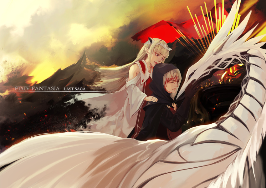 1boy, 1girl, absurdres, black_gloves, blonde_hair, braid, closed_eyes, copyright_name, detached_sleeves, dragon, ezel_the_king_of_fire_and_iron, falia_the_queen_of_the_mountains, gloves, hand_up, highres, hood, huge_filesize, llan, mountain, multicolored_hair, outdoors, pixiv_fantasia, pixiv_fantasia_last_saga, pointy_ears, redhead, sidelocks, streaked_hair, tiara, twin_braids, two-tone_hair