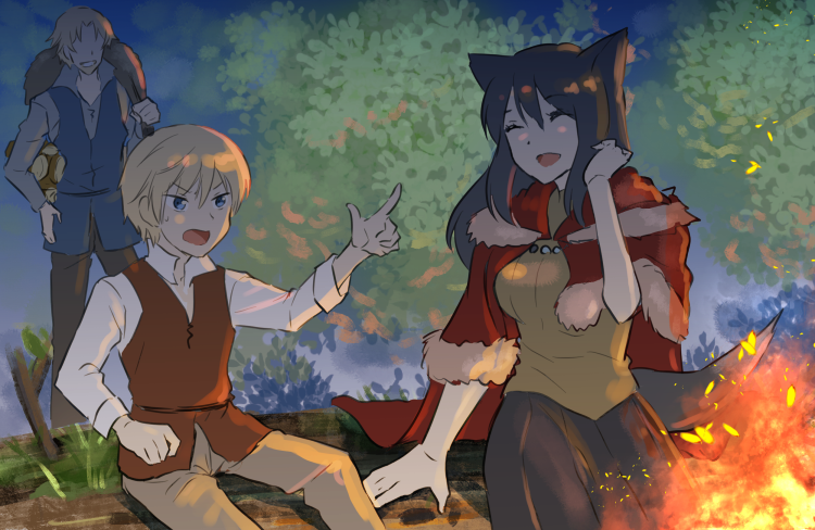 1girl, 2boys, animal_ears, black_hair, black_skirt, blonde_hair, brown_pants, cape, closed_eyes, dylan_the_island_king, ethan_the_exiled_hero, faceless, faceless_male, fire, hand_up, laughing, leslie_the_moon_queen, log, long_sleeves, multiple_boys, night, noma_taoru, outdoors, over_shoulder, pants, pixiv_fantasia, pixiv_fantasia_last_saga, pointing, red_cape, sitting, skirt, standing
