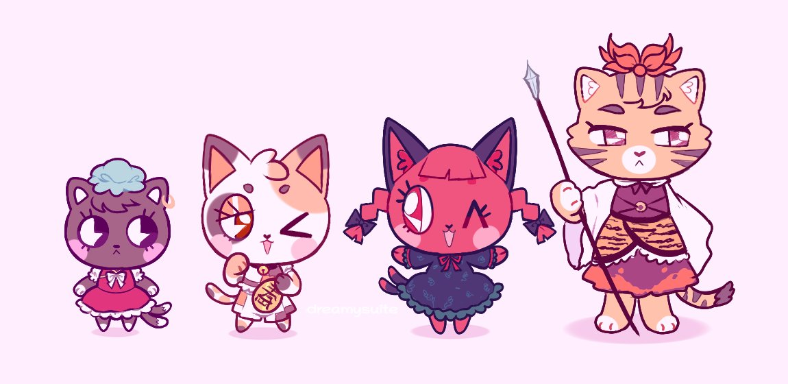 4girls, animal, animal_ears, bangs, barefoot, black_bow, black_dress, black_sleeves