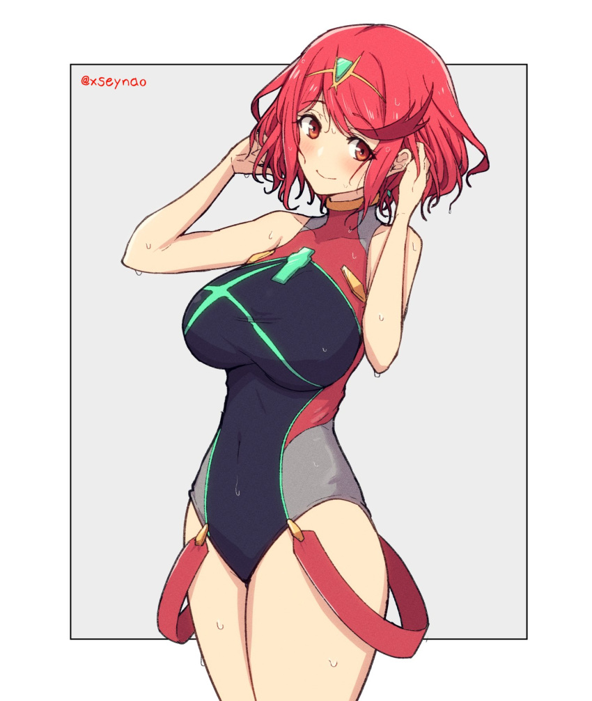 1girl, bangs, black_swimsuit, breasts, chest_jewel, competition_swimsuit, covered_collarbone, covered_navel