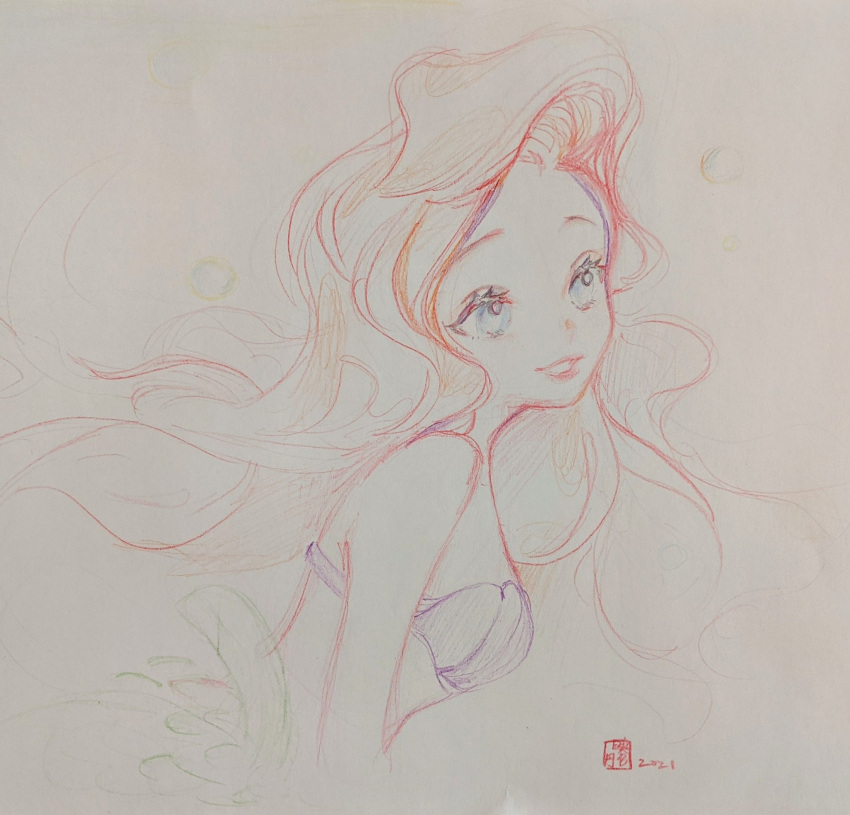1girl, 2021, ariel_(disney), blue_eyes, disney, english_commentary, floating_hair, forehead